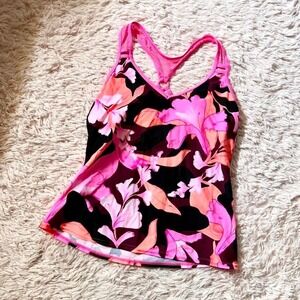 Tropical Summer Resort Beachy Poolside Botanical Tankini Top Women M Floral Pop